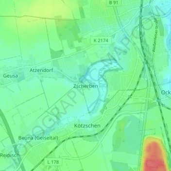 Mapa topográfico Zscherben, altitud, relieve