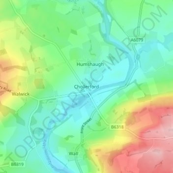 Mapa topográfico Chollerford, altitud, relieve