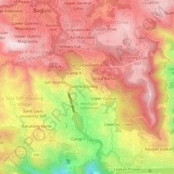 Mapa topográfico Gabriela Silang, altitud, relieve