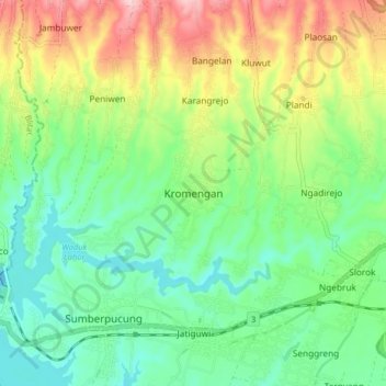 Mapa topográfico Kromengan, altitud, relieve