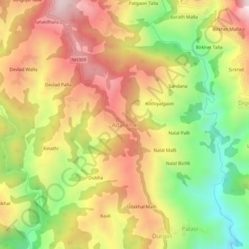 Mapa topográfico Adalikhal, altitud, relieve