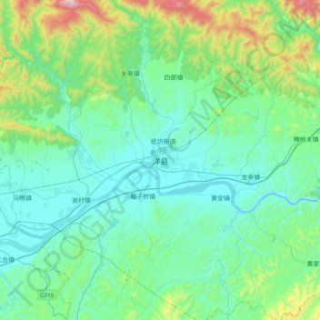 Mapa topográfico 洋县, altitud, relieve