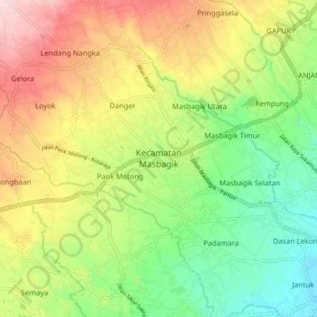 Mapa topográfico Kecamatan Masbagik, altitud, relieve