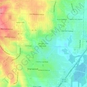 Mapa topográfico Western Acres, altitud, relieve