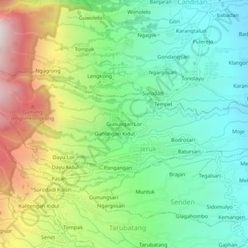 Mapa topográfico Gunungan Lor, altitud, relieve