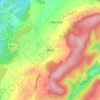 Mapa topográfico Wéris, altitud, relieve