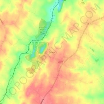 Mapa topográfico Arvonia, altitud, relieve