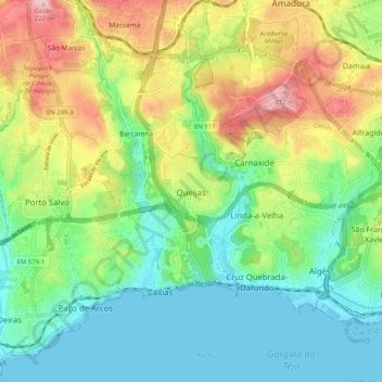 Mapa topográfico Queijas, altitud, relieve