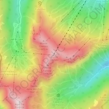 Mapa topográfico Monte Gomito, altitud, relieve