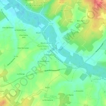 Mapa topográfico Coussac, altitud, relieve