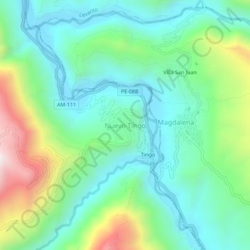 Mapa topográfico Nuevo Tingo, altitud, relieve