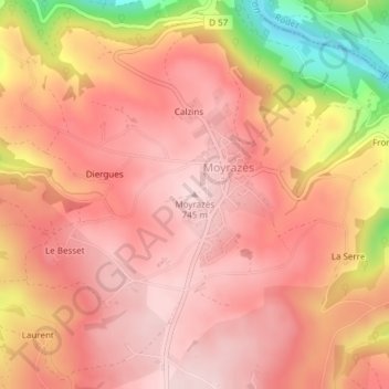 Mapa topográfico Moyrazès, altitud, relieve