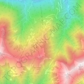 Mapa topográfico Alpe di Mera, altitud, relieve