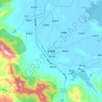 Mapa topográfico 铁涌镇, altitud, relieve
