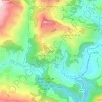 Mapa topográfico Kharka, altitud, relieve