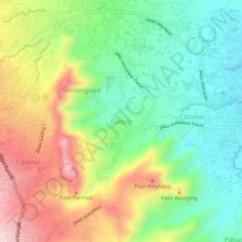 Mapa topográfico Gadog, altitud, relieve
