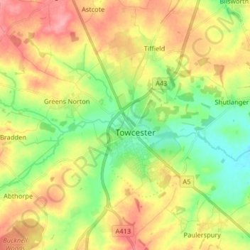 Mapa topográfico Towcester, altitud, relieve