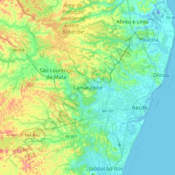 Mapa topográfico Camaragibe, altitud, relieve