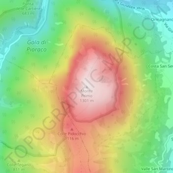 Mapa topográfico Monte Primo, altitud, relieve