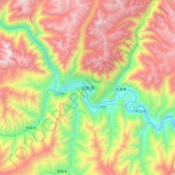 Mapa topográfico 加查县, altitud, relieve
