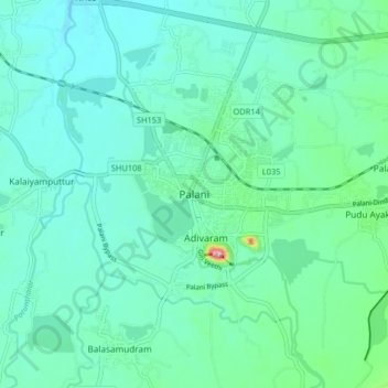 Mapa topográfico Palani, altitud, relieve