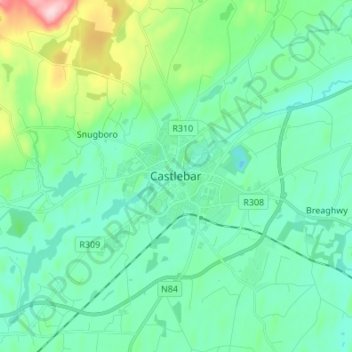 Mapa topográfico Castlebar, altitud, relieve