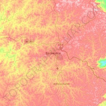 Mapa topográfico Barbacena, altitud, relieve