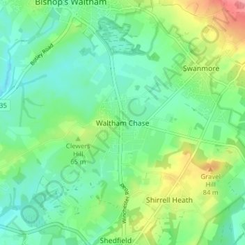 Mapa topográfico Waltham Chase, altitud, relieve
