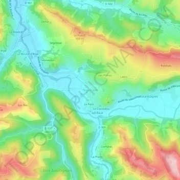 Mapa topográfico Nauviale, altitud, relieve