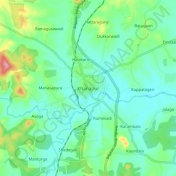 Mapa topográfico Khanapur, altitud, relieve