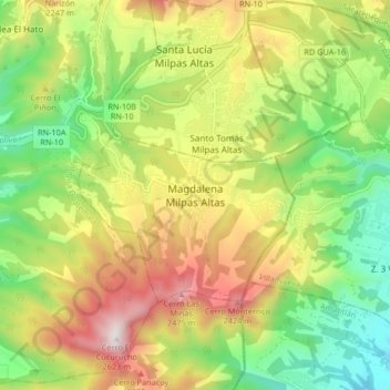 Mapa topográfico Magdalena Milpas Altas, altitud, relieve