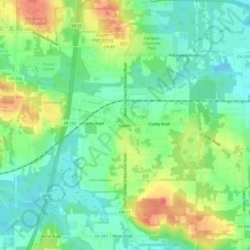 Mapa topográfico Copley, altitud, relieve