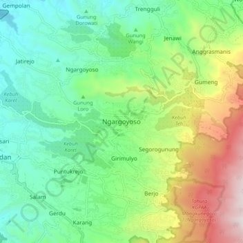 Mapa topográfico Ngargoyoso, altitud, relieve
