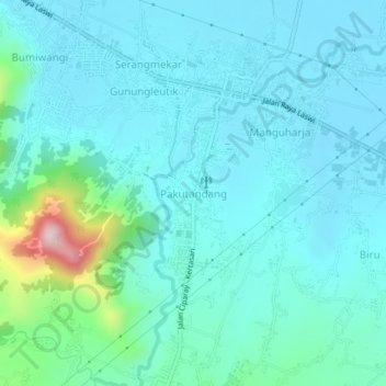 Mapa topográfico Pakutandang, altitud, relieve