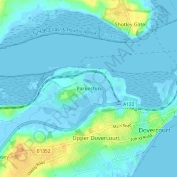 Mapa topográfico Parkeston, altitud, relieve