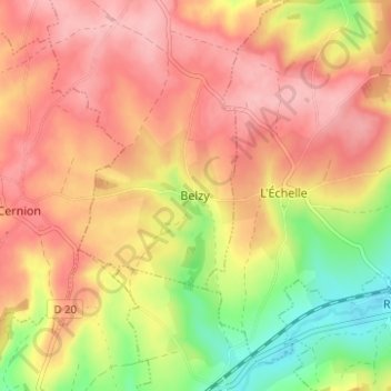 Mapa topográfico Belzy, altitud, relieve
