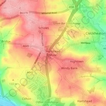 Mapa topográfico Hartshead Moor, altitud, relieve