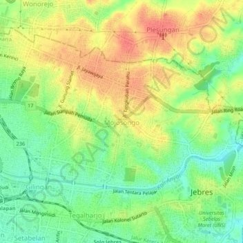 Mapa topográfico Mojosongo, altitud, relieve