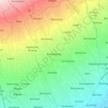 Mapa topográfico Kemalang, altitud, relieve