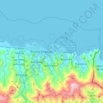 Mapa topográfico Puerto Cabello, altitud, relieve