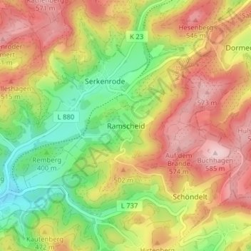 Mapa topográfico Ramscheid, altitud, relieve