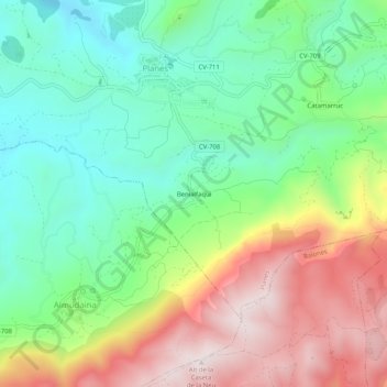 Mapa topográfico Benialfaquí, altitud, relieve