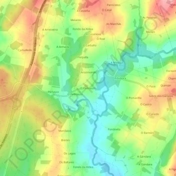 Mapa topográfico O Pedrouzo, altitud, relieve
