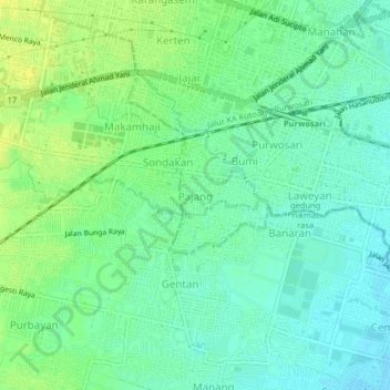 Mapa topográfico Pajang, altitud, relieve