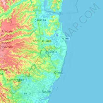 Mapa topográfico Paulista, altitud, relieve
