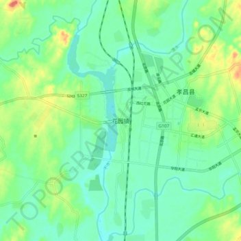 Mapa topográfico 花园镇, altitud, relieve