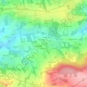 Mapa topográfico Kerampran, altitud, relieve