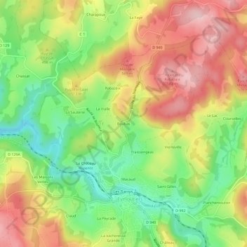 Mapa topográfico Boubas, altitud, relieve