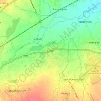 Mapa topográfico Sulur, altitud, relieve