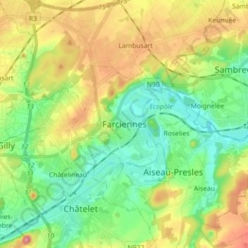 Mapa topográfico Farciennes, altitud, relieve